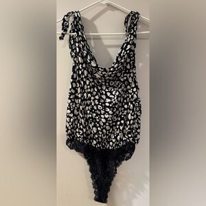 Free People Black & Cream Leopard Print Cowl Neck Bodysuit